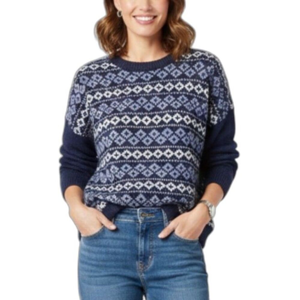 Banana Republic Women's Blue Fair Isle Knit LS Cropped Crewneck Sweater Size XL